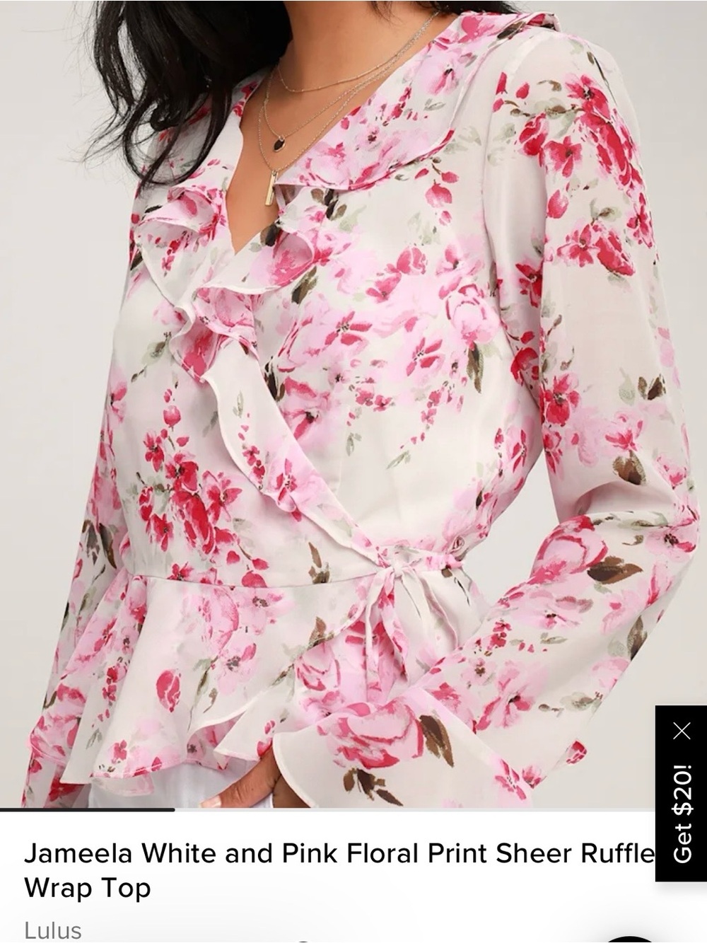 Lulu’s Jameela White and Pink Floral Print Sheer Ruffle Wrap Top Size XL